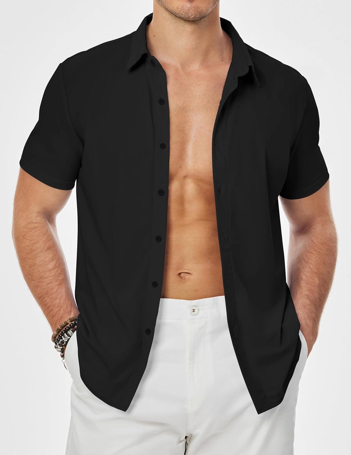 imageJMIERR Mens Muscle Fit Dress Shirts Casual Button Down Shirt Short Sleeve WrinkleFree Shirts1 Black