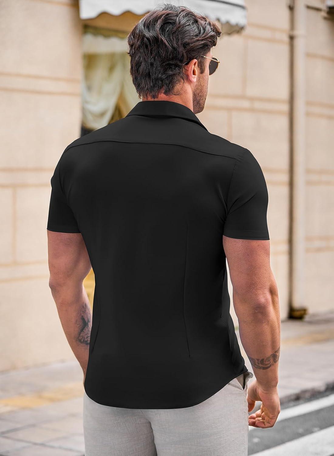 imageJMIERR Mens Muscle Fit Dress Shirts Casual Button Down Shirt Short Sleeve WrinkleFree Shirts1 Black