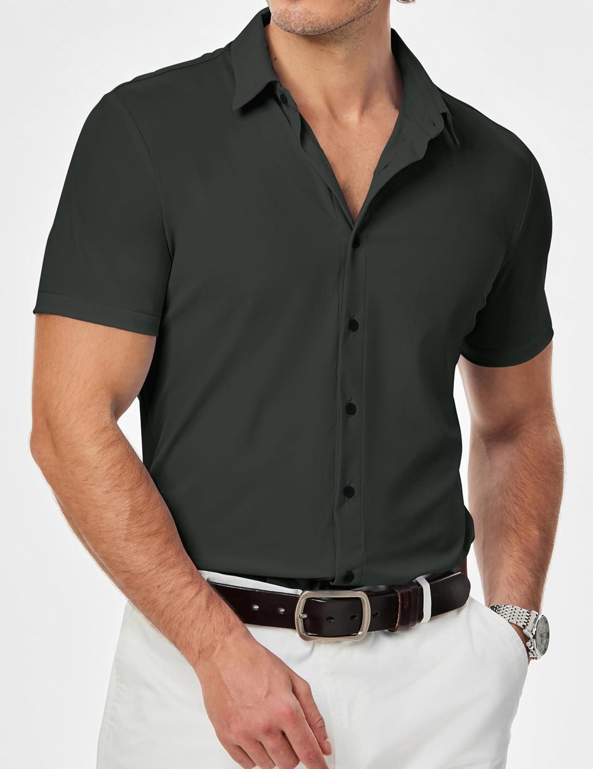 imageJMIERR Mens Muscle Fit Dress Shirts Casual Button Down Shirt Short Sleeve WrinkleFree ShirtsA Dark Grey