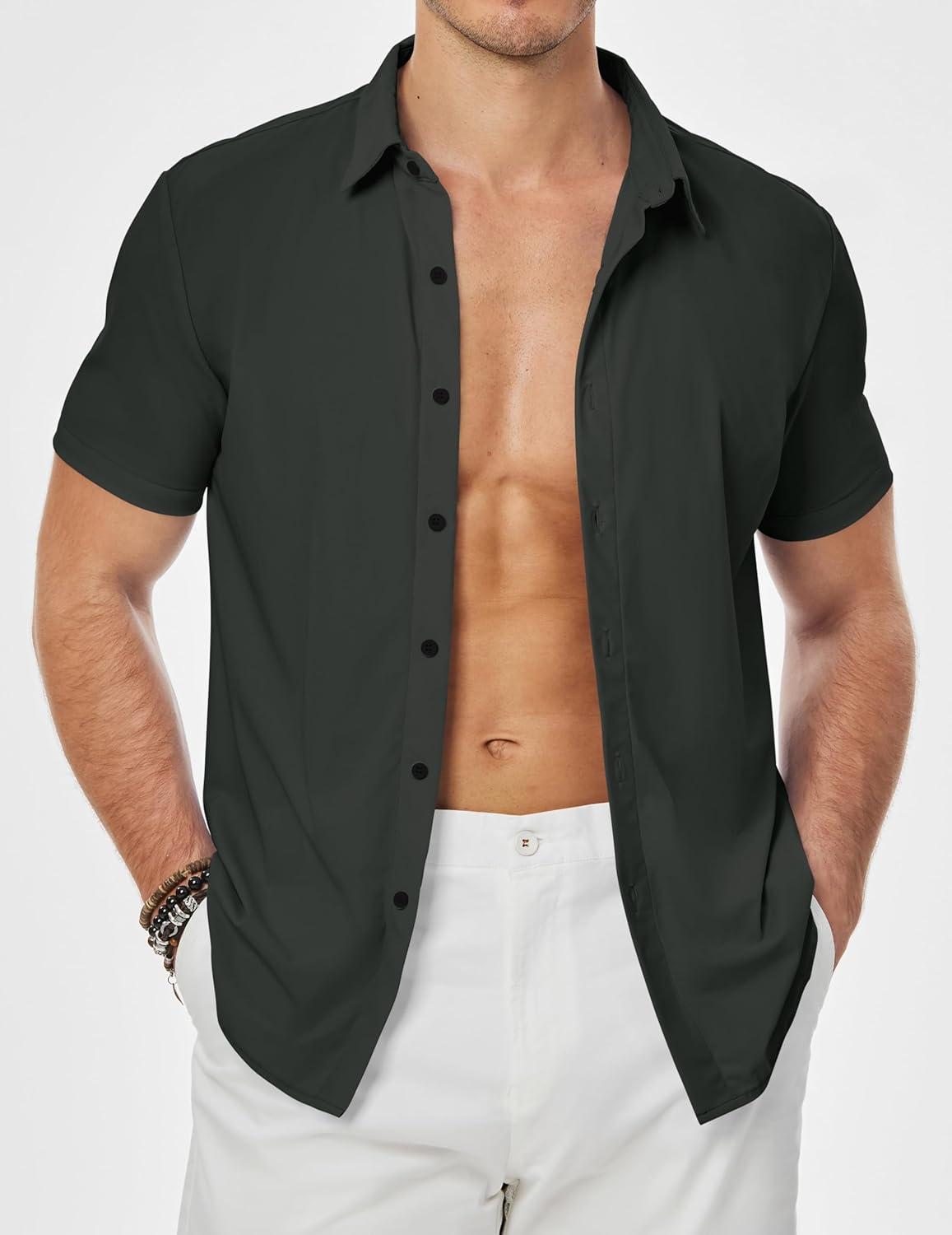 imageJMIERR Mens Muscle Fit Dress Shirts Casual Button Down Shirt Short Sleeve WrinkleFree ShirtsA Dark Grey