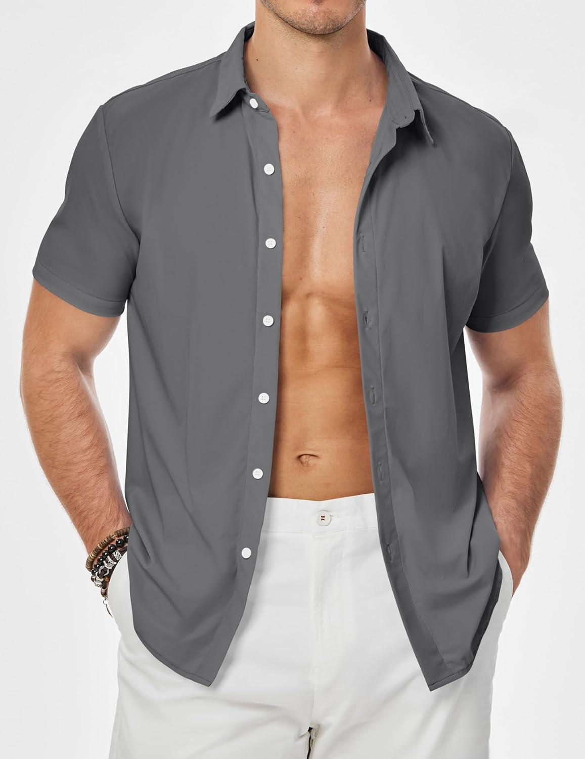 imageJMIERR Mens Muscle Fit Dress Shirts Casual Button Down Shirt Short Sleeve WrinkleFree ShirtsA Light Grey