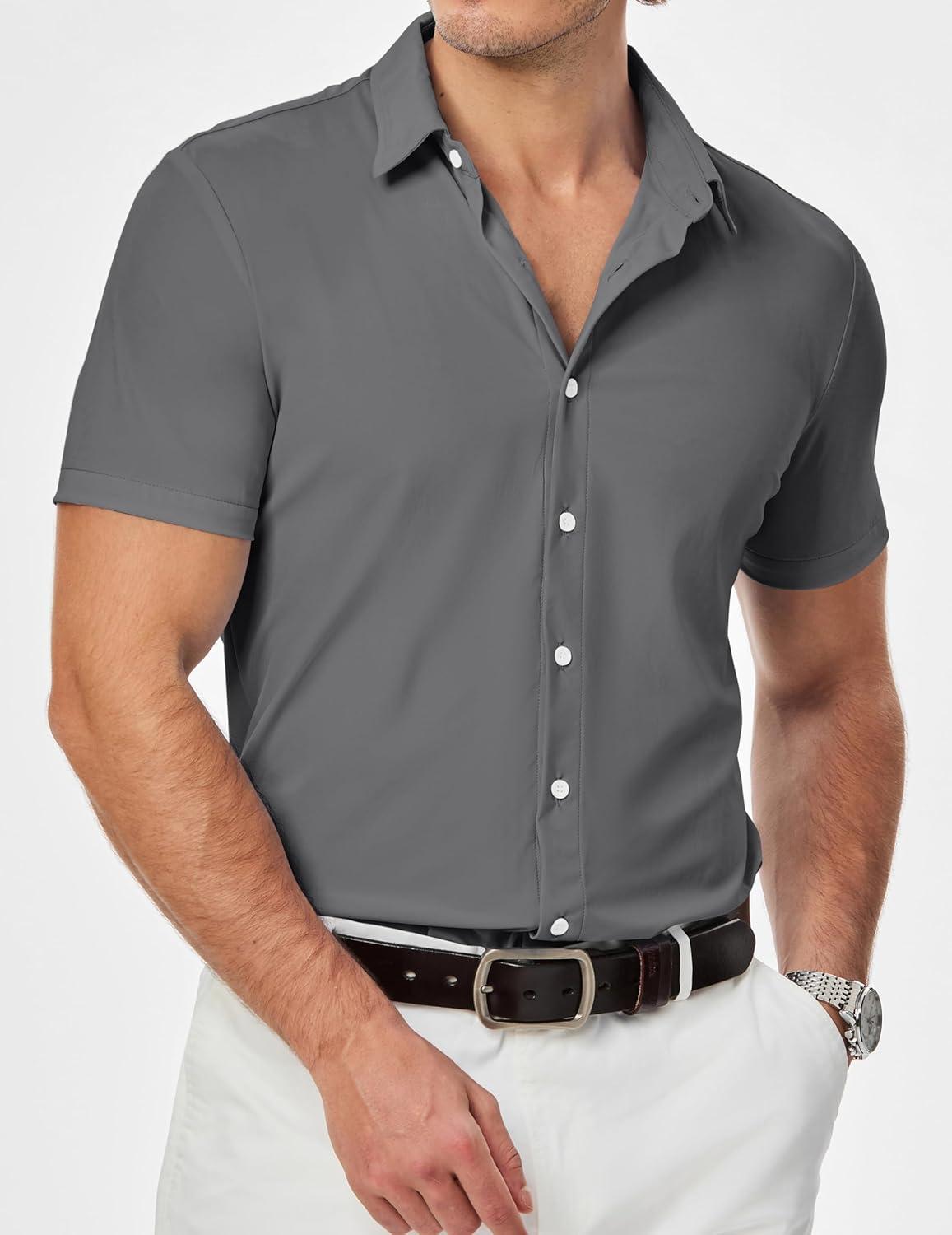 imageJMIERR Mens Muscle Fit Dress Shirts Casual Button Down Shirt Short Sleeve WrinkleFree ShirtsA Light Grey