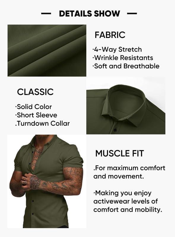 imageJMIERR Mens Muscle Fit Dress Shirts Casual Button Down Shirt Short Sleeve WrinkleFree ShirtsB Green