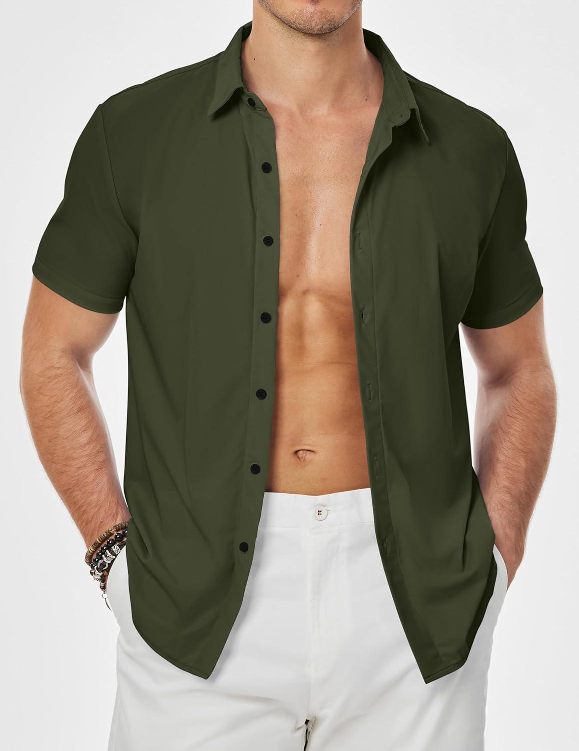 imageJMIERR Mens Muscle Fit Dress Shirts Casual Button Down Shirt Short Sleeve WrinkleFree ShirtsB Green