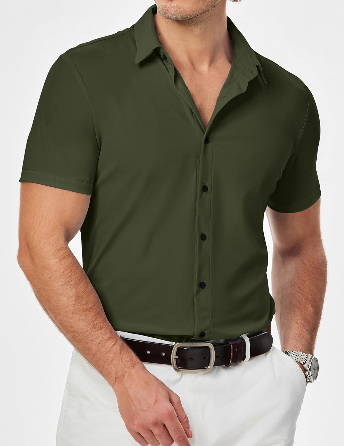 imageJMIERR Mens Muscle Fit Dress Shirts Casual Button Down Shirt Short Sleeve WrinkleFree ShirtsB Green