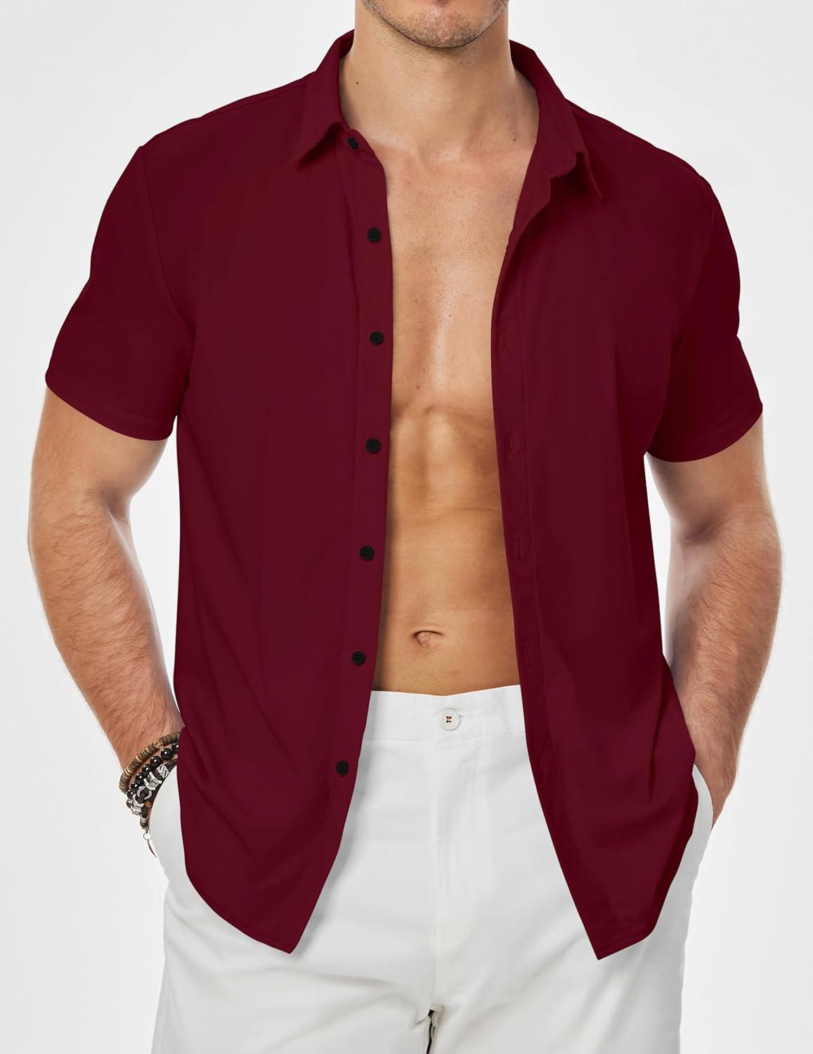 imageJMIERR Mens Muscle Fit Dress Shirts Casual Button Down Shirt Short Sleeve WrinkleFree ShirtsB Red