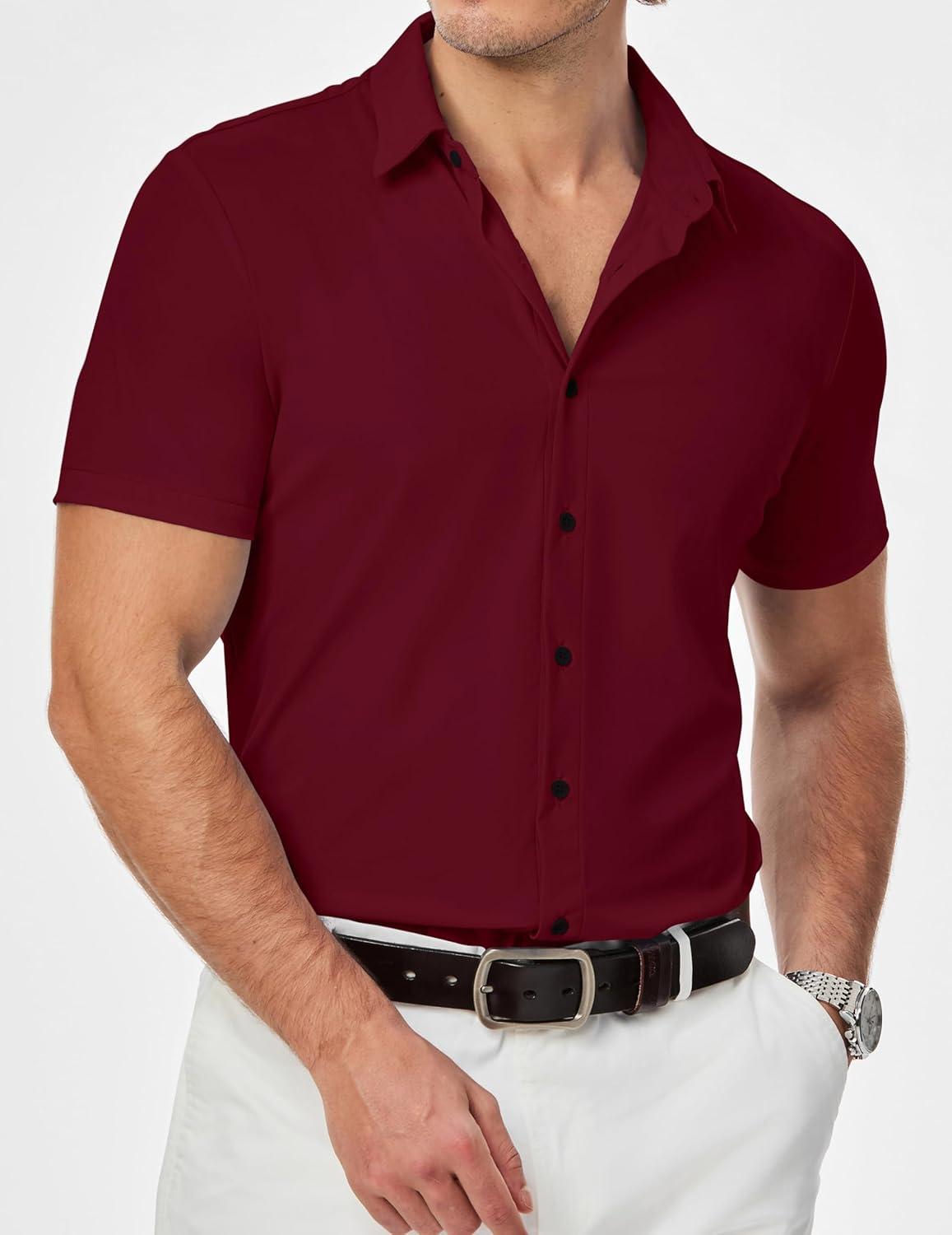 imageJMIERR Mens Muscle Fit Dress Shirts Casual Button Down Shirt Short Sleeve WrinkleFree ShirtsB Red