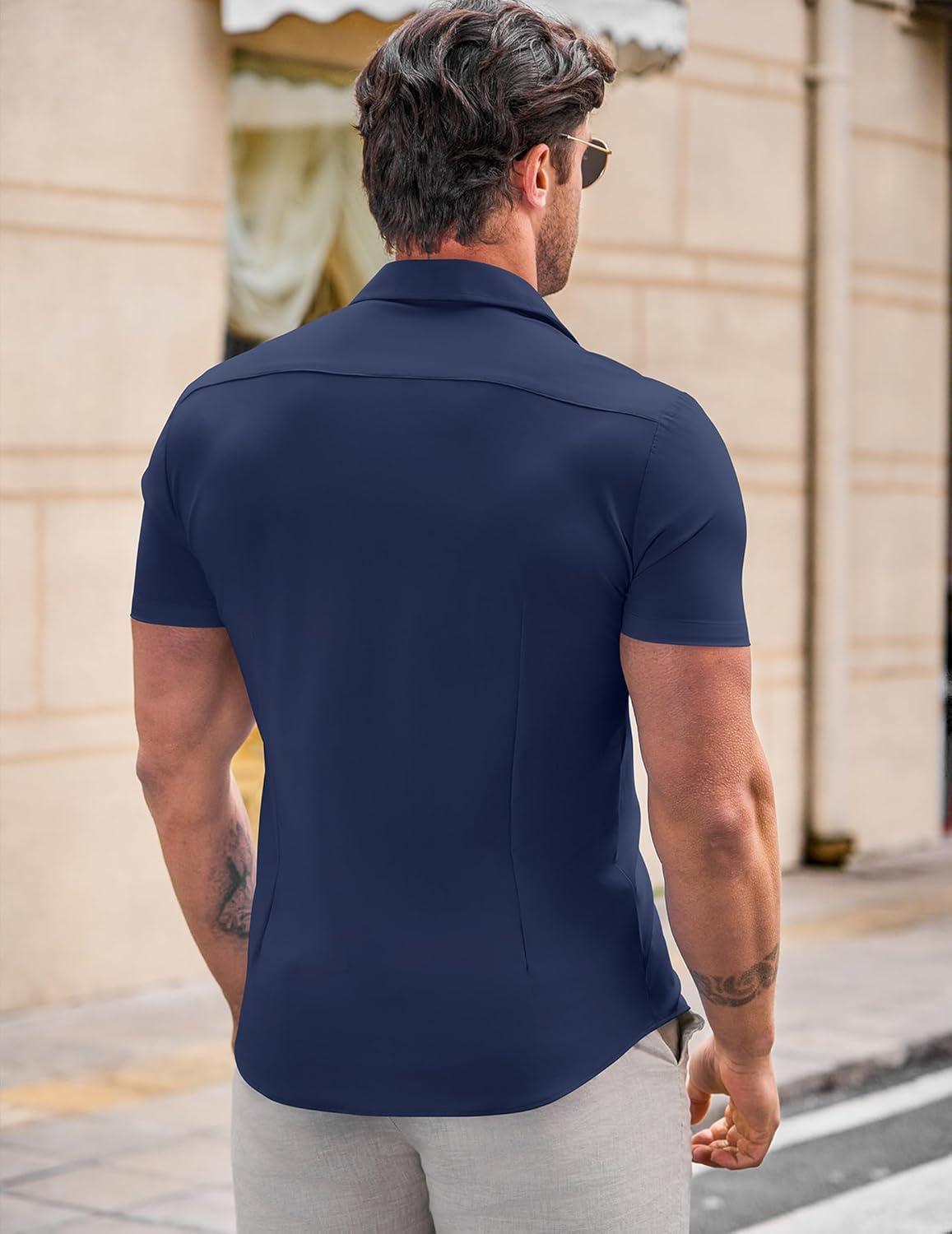 imageJMIERR Mens Muscle Fit Dress Shirts Casual Button Down Shirt Short Sleeve WrinkleFree ShirtsC Blue