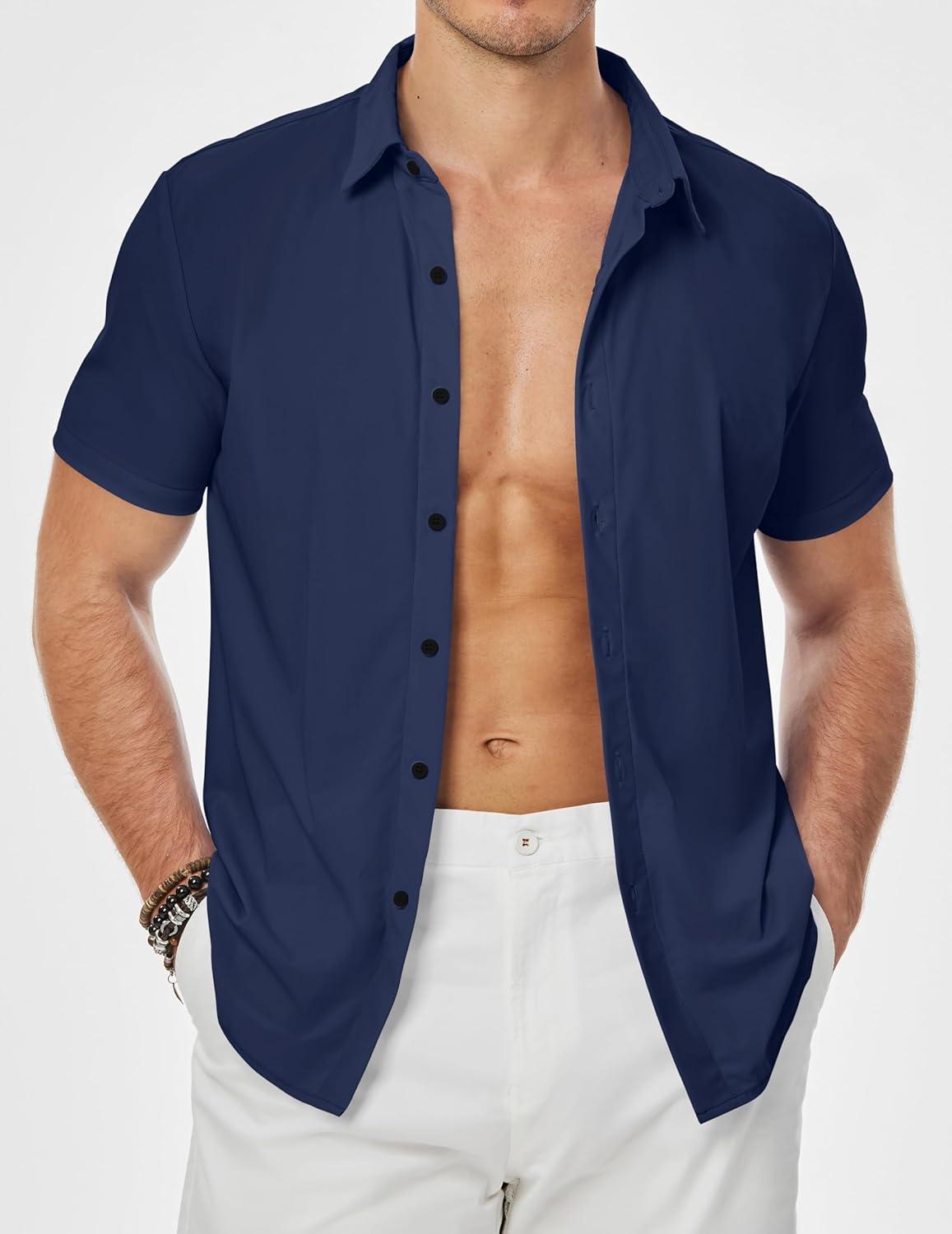 imageJMIERR Mens Muscle Fit Dress Shirts Casual Button Down Shirt Short Sleeve WrinkleFree ShirtsC Blue