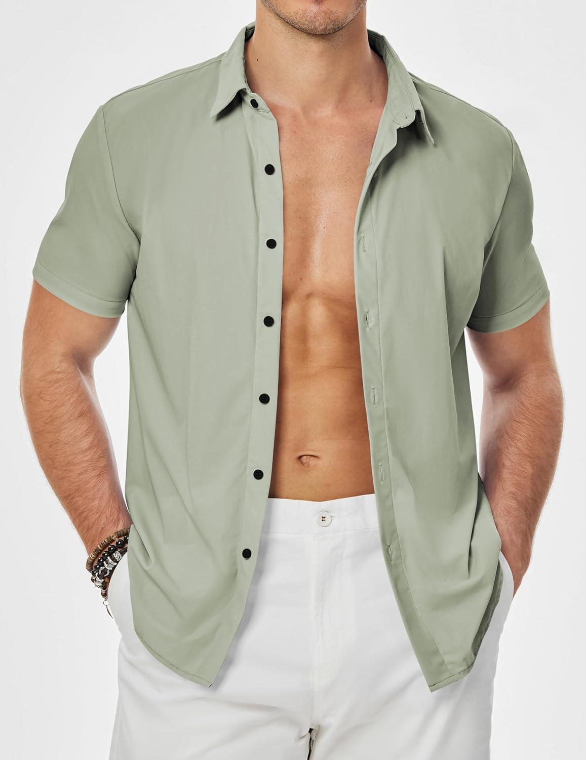 imageJMIERR Mens Muscle Fit Dress Shirts Casual Button Down Shirt Short Sleeve WrinkleFree ShirtsC Light Green