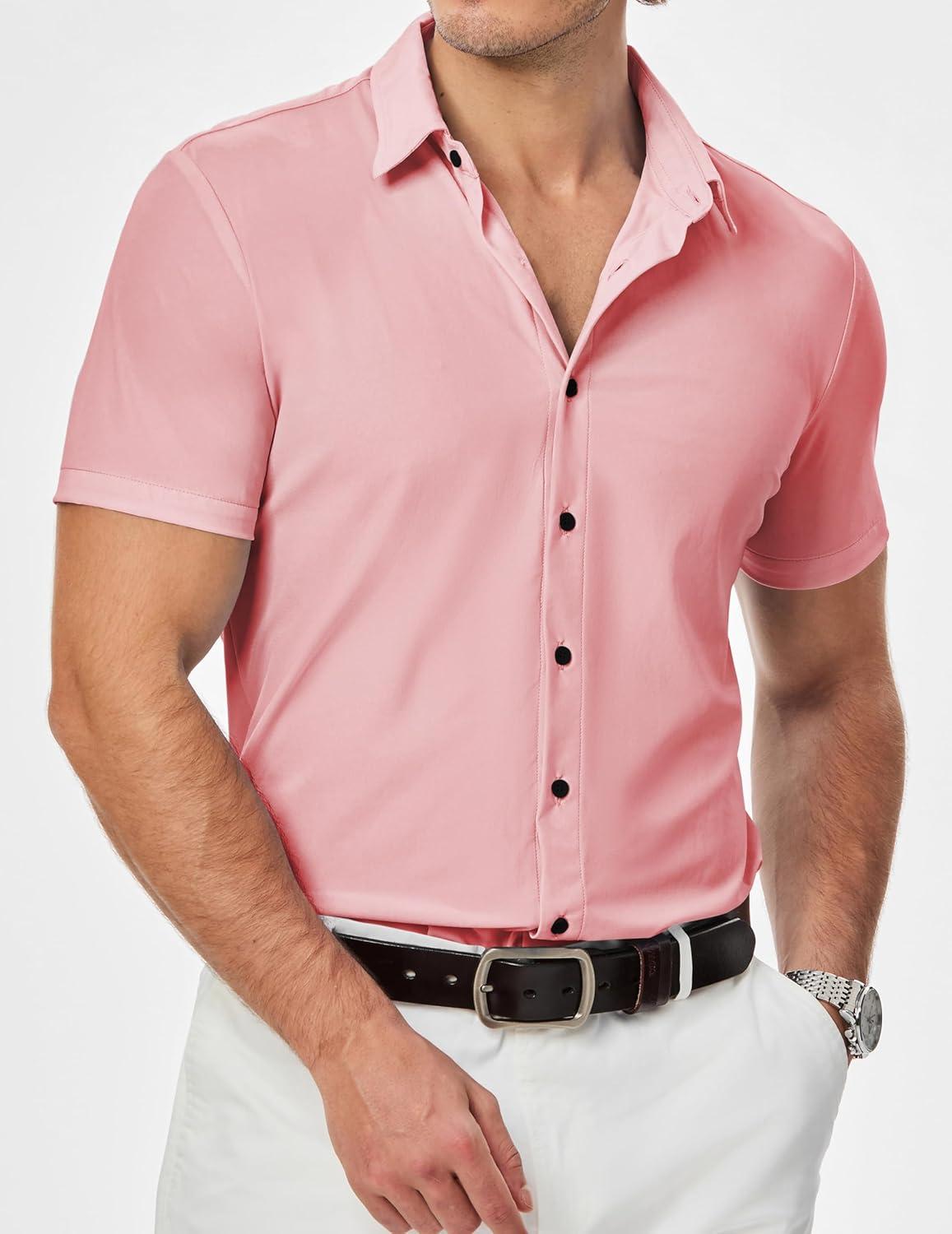 imageJMIERR Mens Muscle Fit Dress Shirts Casual Button Down Shirt Short Sleeve WrinkleFree ShirtsC Pink