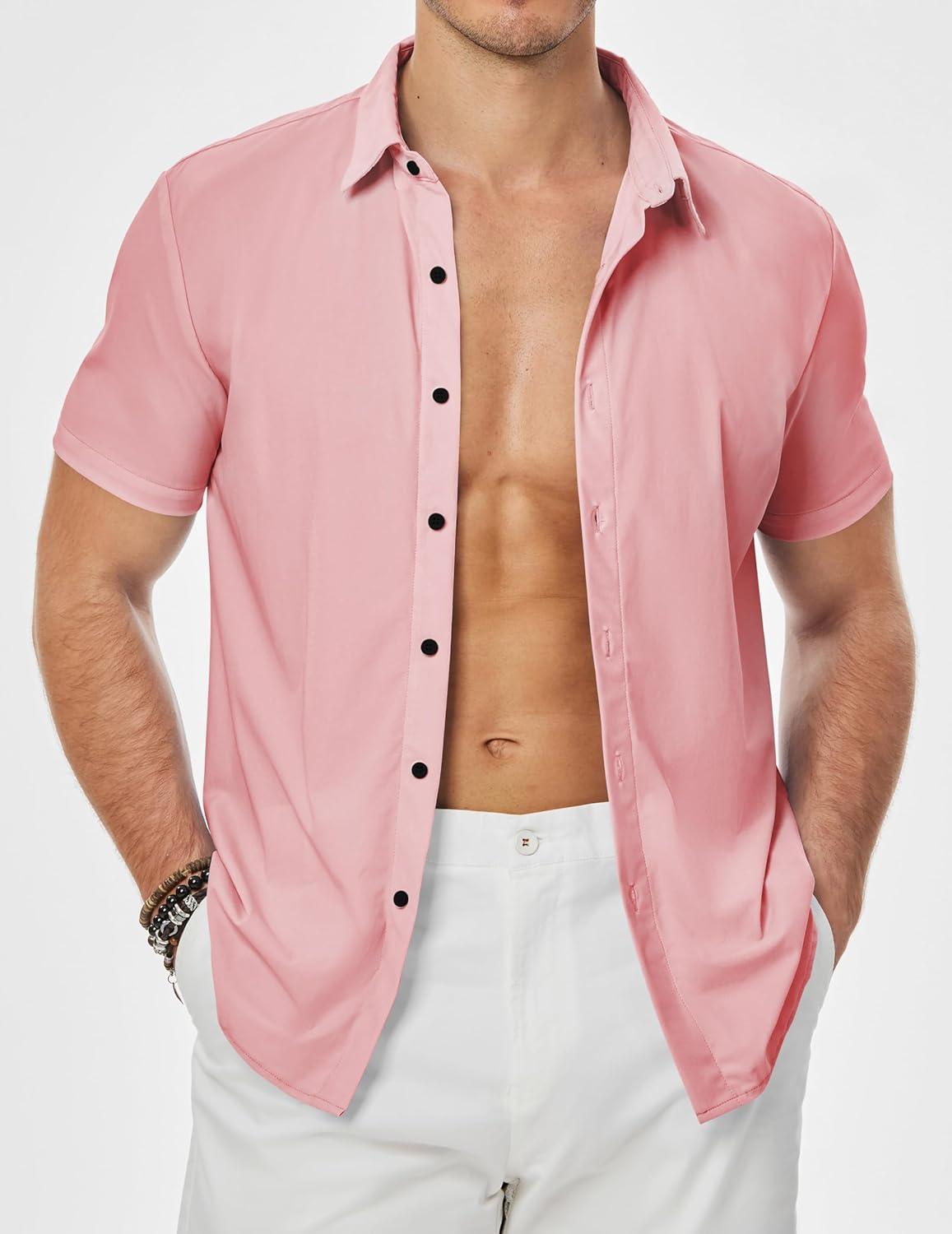 imageJMIERR Mens Muscle Fit Dress Shirts Casual Button Down Shirt Short Sleeve WrinkleFree ShirtsC Pink