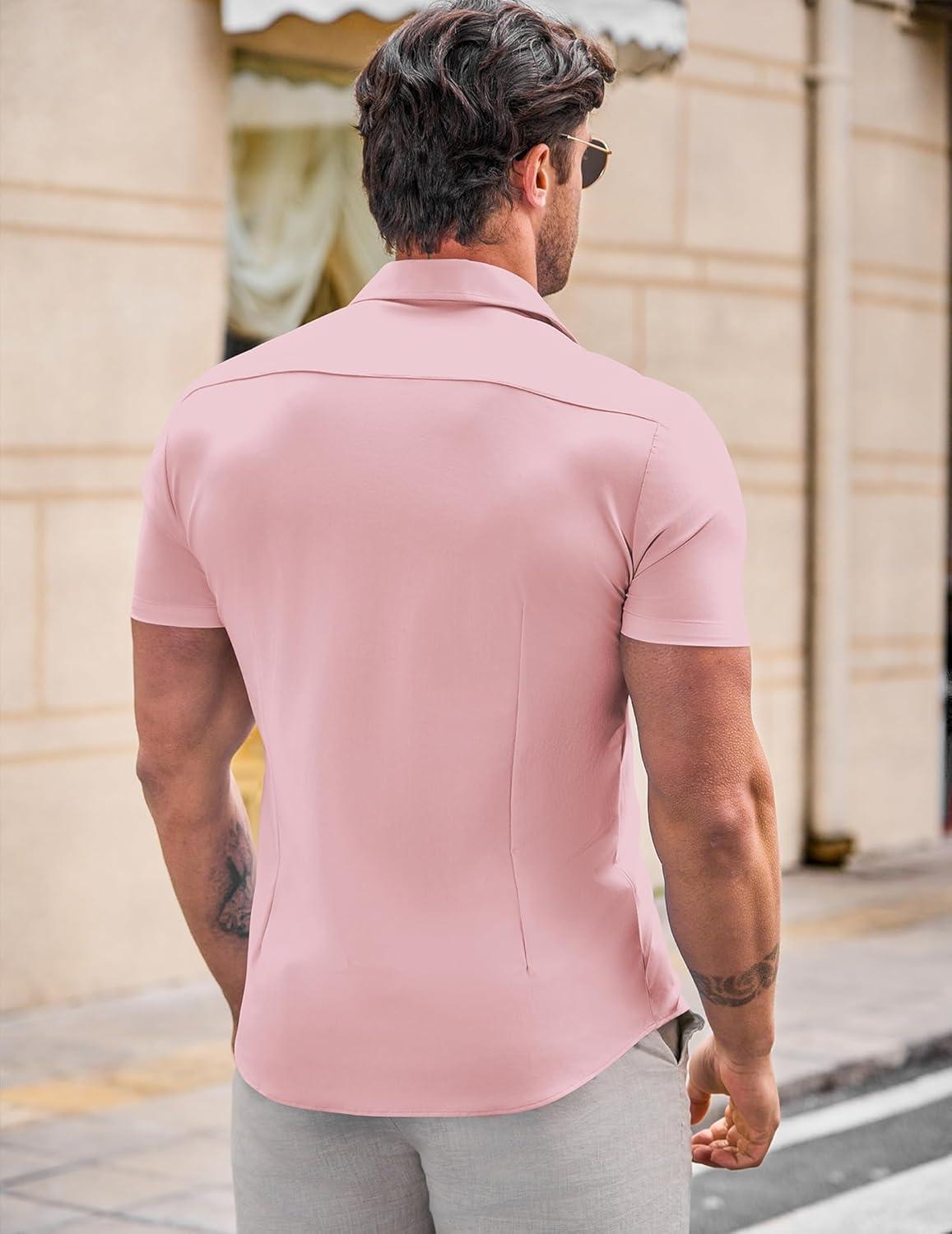 imageJMIERR Mens Muscle Fit Dress Shirts Casual Button Down Shirt Short Sleeve WrinkleFree ShirtsC Pink
