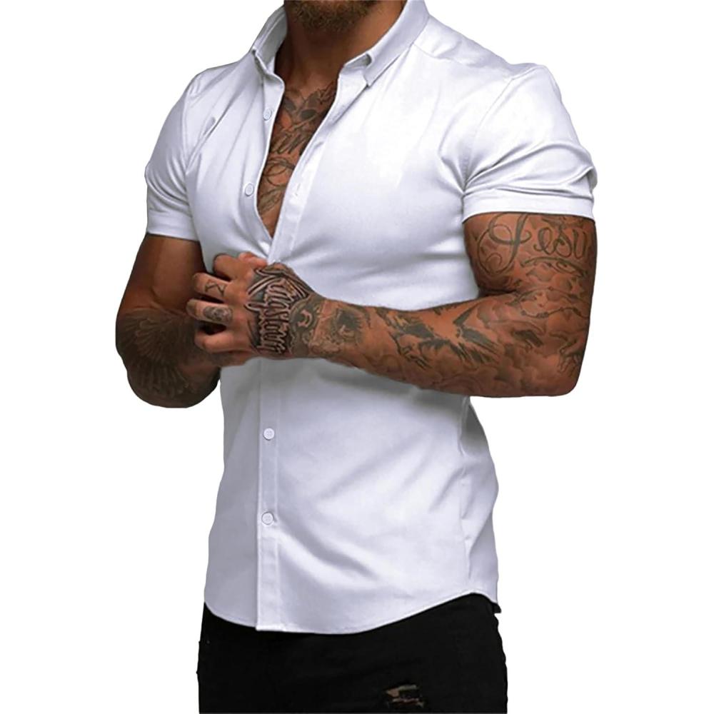 imageJMIERR Mens Muscle Fit Dress Shirts Casual Button Down Shirt Short Sleeve WrinkleFree Shirts0 White