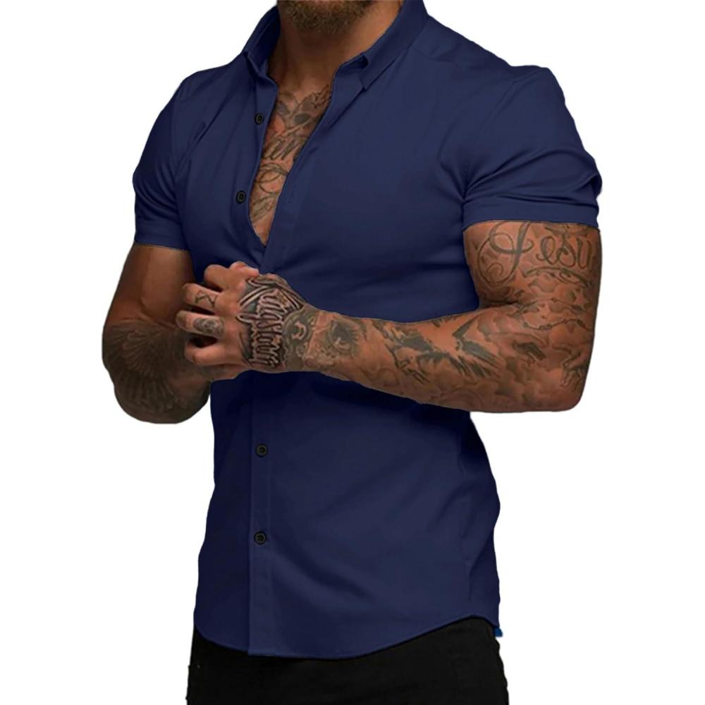 imageJMIERR Mens Muscle Fit Dress Shirts Casual Button Down Shirt Short Sleeve WrinkleFree ShirtsC Blue