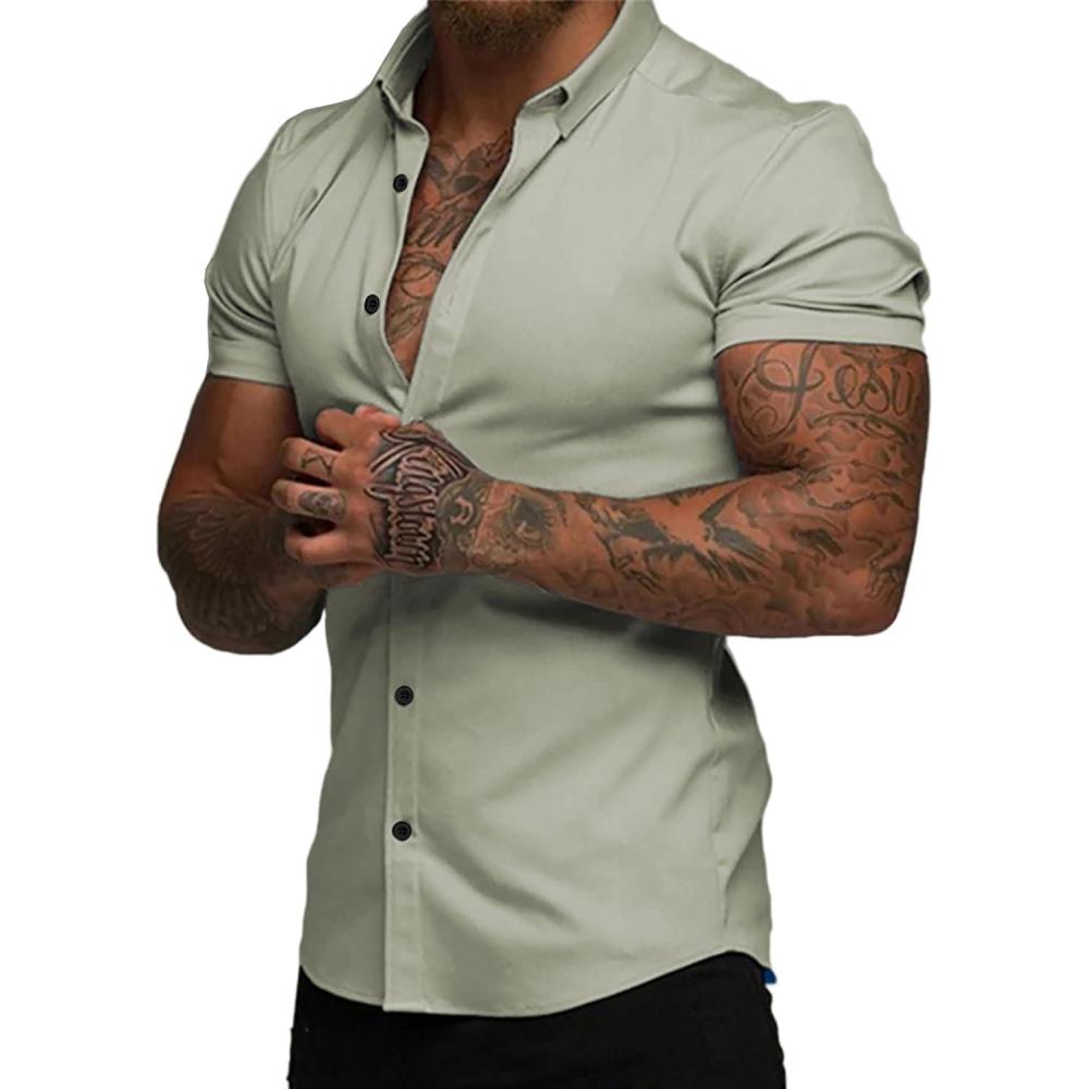 imageJMIERR Mens Muscle Fit Dress Shirts Casual Button Down Shirt Short Sleeve WrinkleFree ShirtsC Light Green