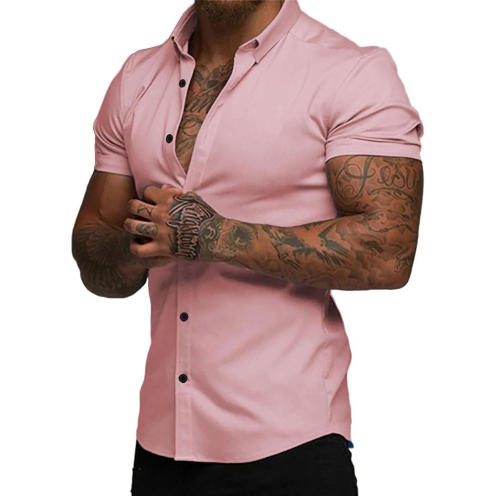 imageJMIERR Mens Muscle Fit Dress Shirts Casual Button Down Shirt Short Sleeve WrinkleFree ShirtsC Pink