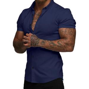 imageJMIERR Mens Muscle Fit Dress Shirts Casual Button Down Shirt Short Sleeve WrinkleFree ShirtsC Blue
