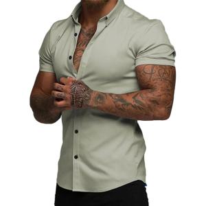 imageJMIERR Mens Muscle Fit Dress Shirts Casual Button Down Shirt Short Sleeve WrinkleFree ShirtsC Light Green