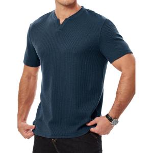 imageJMIERR Mens Waffle Cotton T Shirt VNeck Henley Shirt Short Sleeve Work Casual Tee ShirtsNavy Blue