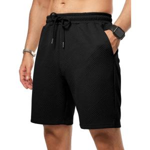 imageJMIERR Mens Casual 7quot Shorts Summer Drawstring Elastic Waist Beach Sweat Shorts Texture with PocketsBlack