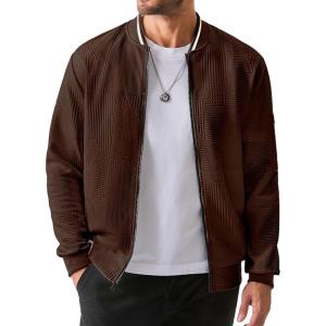 imageJMIERR Mens Casual Jacquard Bomber Jackets ColorBlock Lightweight Varsity Jacket Fashion Zipper Coat with PocketsCoffee