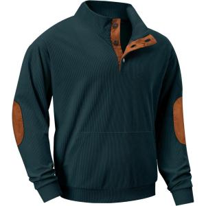 imageJMIERR Mens Corduroy Sweatshirt Casual Long Sleeve Stand Collar Button Pullover Sweatshirts with PocketsZ Dark Green