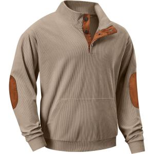 imageJMIERR Mens Corduroy Sweatshirt Casual Long Sleeve Stand Collar Button Pullover Sweatshirts with PocketsZ Khaki