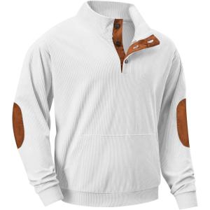 imageJMIERR Mens Corduroy Sweatshirt Casual Long Sleeve Stand Collar Button Pullover Sweatshirts with PocketsZ White