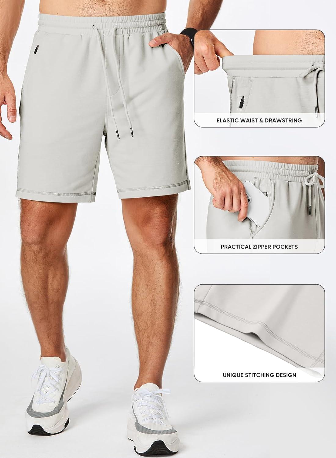 imageJMIERR Mens Gym Shorts Cotton 7quot Running Comfy Workout Shorts Zipper Pocket Sweat ShortsD Grey 01