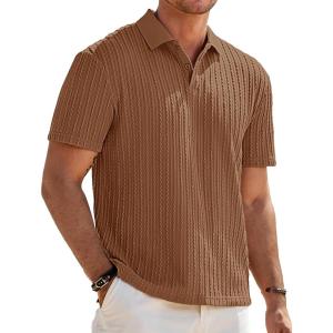 imageJMIERR Mens Casual Polo Shirt Summer Short Sleeve Vacation Button Beach Knit Stretchy Golf ShirtsE Brown