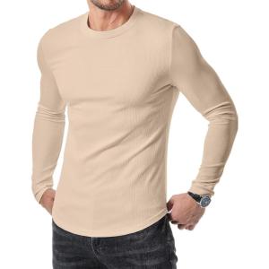imageJMIERR Mens Long Sleeve Muscle T Shirts Casual Crewneck Longline Ribbed Tee Shirts for Gym WorkoutBeige