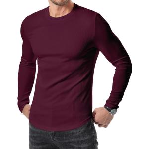 imageJMIERR Mens Long Sleeve Muscle T Shirts Casual Crewneck Longline Ribbed Tee Shirts for Gym WorkoutBurgundy