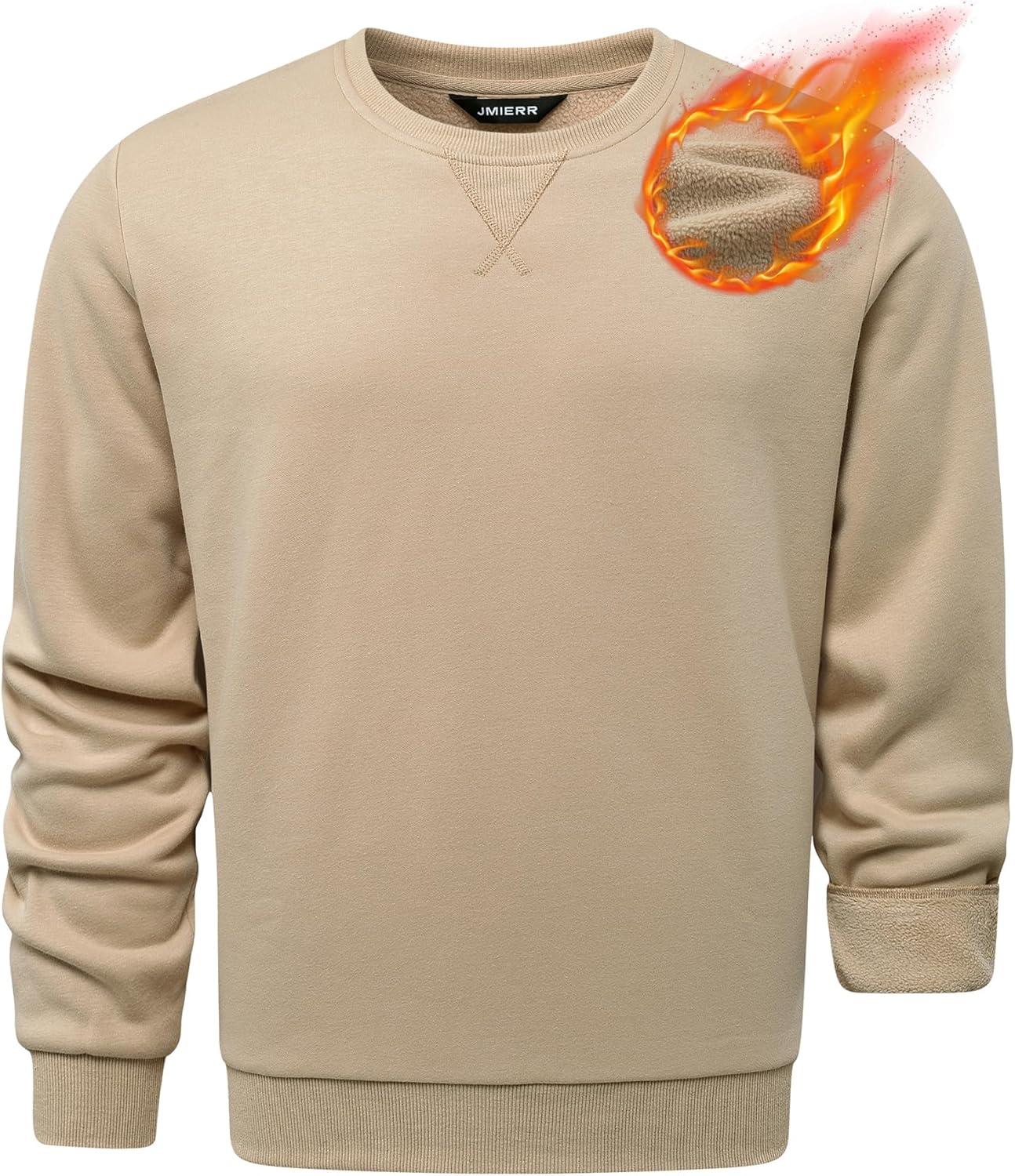 imageJMIERR Mens Cotton Sherpa Lined Sweatshirts Casual Fleece Long Sleeve Crewneck Fall Winter Pullover ShirtsLight Khaki