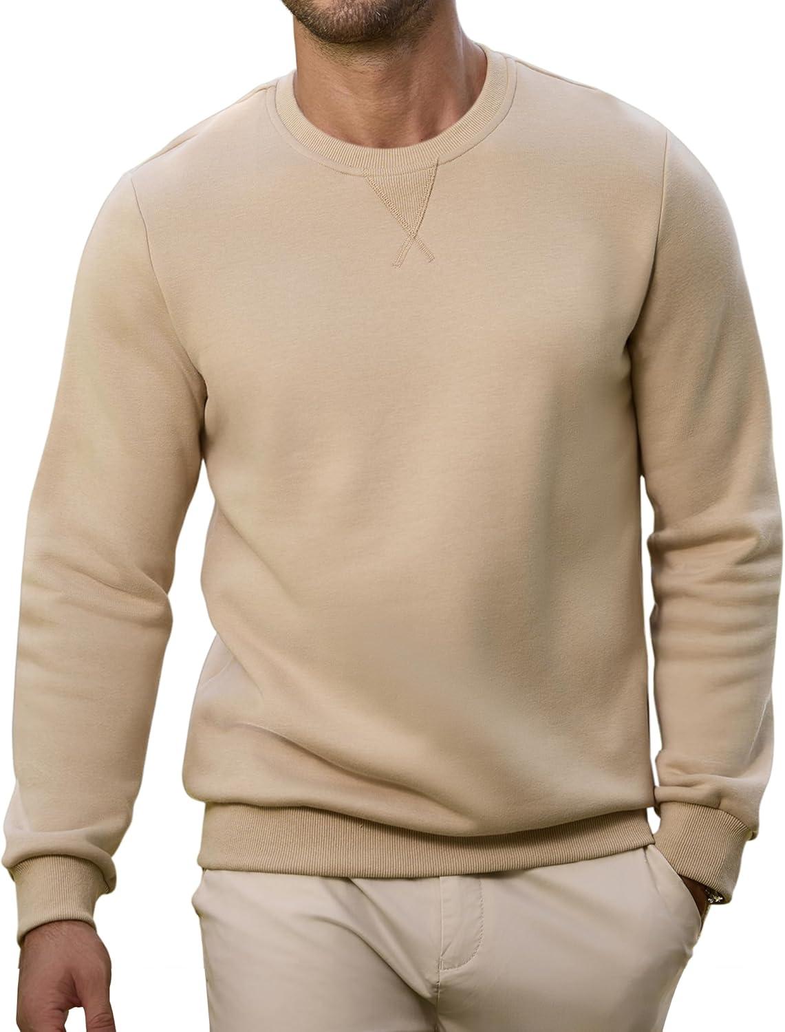 imageJMIERR Mens Cotton Sherpa Lined Sweatshirts Casual Fleece Long Sleeve Crewneck Fall Winter Pullover ShirtsLight Khaki