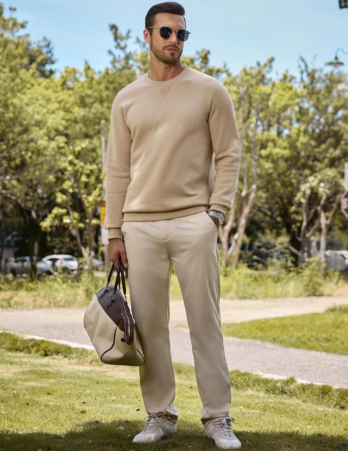 imageJMIERR Mens Cotton Sherpa Lined Sweatshirts Casual Fleece Long Sleeve Crewneck Fall Winter Pullover ShirtsLight Khaki