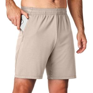 imageJMIERR Mens Athletic Shorts Knit 4 Way Stretch Short with Zipper Pockets Running Workout Sports Gym Lightweight 7quot ShortsKhaki