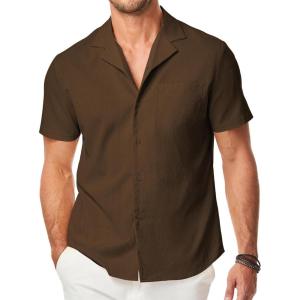 imageJMIERR Mens Casual Button Down Shirts Short Sleeve Textured Summer Beach Shirt Cuban Vacation Shirts with PocketCoffee
