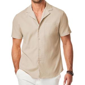 imageJMIERR Mens Casual Button Down Shirts Short Sleeve Textured Summer Beach Shirt Cuban Vacation Shirts with PocketKhaki