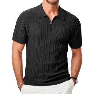 imageJMIERR Mens Casual Polo Shirt Short Sleeve Classic Fit Knit T Shirt Golf Shirts with Zipper0 Black