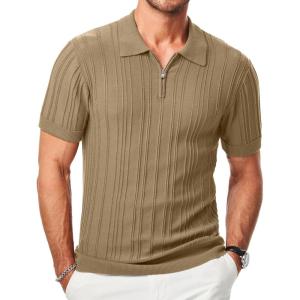 imageJMIERR Mens Casual Polo Shirt Short Sleeve Classic Fit Knit T Shirt Golf Shirts with ZipperA Dark Beige