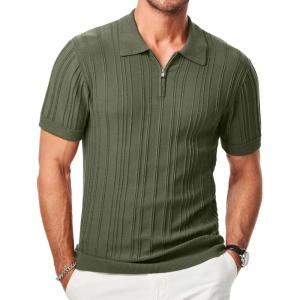 imageJMIERR Mens Casual Polo Shirt Short Sleeve Classic Fit Knit T Shirt Golf Shirts with ZipperA Green