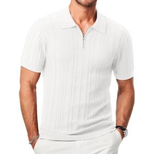 imageJMIERR Mens Casual Polo Shirt Short Sleeve Classic Fit Knit T Shirt Golf Shirts with ZipperB White
