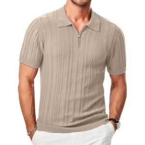 imageJMIERR Mens Casual Polo Shirt Short Sleeve Classic Fit Knit T Shirt Golf Shirts with ZipperC Beige