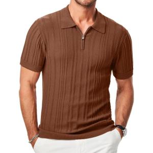 imageJMIERR Mens Casual Polo Shirt Short Sleeve Classic Fit Knit T Shirt Golf Shirts with ZipperC Brown