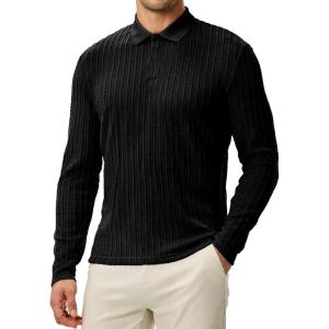 imageJMIERR Mens Casual Polo Shirt Summer Short Sleeve Vacation Button Beach Knit Stretchy Golf ShirtsLong Sleeve  Black