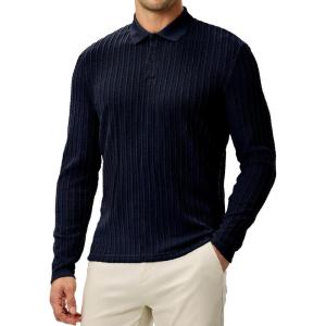 imageJMIERR Mens Casual Polo Shirt Summer Short Sleeve Vacation Button Beach Knit Stretchy Golf ShirtsLong Sleeve  Blue