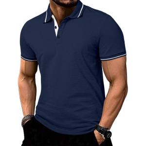 imageJMIERR Mens Casual Polo Shirts Classic Button Basic Short Sleeve Cotton Pique Polo Shirt Stylish Golf TopsNavy Blue