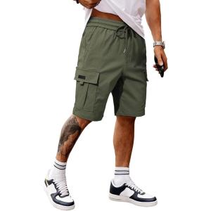 imageJMIERR Mens Casual Stretch Cargo Shorts Classic Drawstring Elastic Waist Summer Work Short with Multi PocketsArmy Green