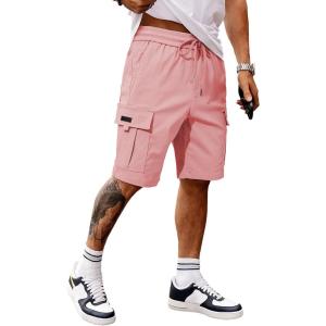 imageJMIERR Mens Casual Stretch Cargo Shorts Classic Drawstring Elastic Waist Summer Work Short with Multi PocketsPink